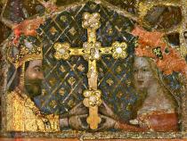 Karel IV. s manželkou pozdvihují ostatkový kříž